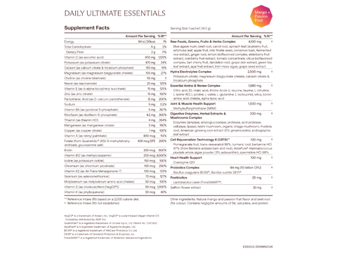 A supplement facts sheet for 'Daily Ultimate Essentials' showing a detailed list of ingredients, serving size, and nutritional facts on a white background with a small orange circular badge in the top right corner.