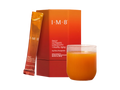 I-M-8 Daily Ultimate Longevity + Healthy Aging supplement shown with an orange and red box, a single orange sachet, and a glass of orange liquid on a white background.