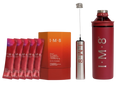 I-M-8 Daily Ultimate Strength and Health Amino powder kit, featuring five red single-serve packets, an orange-to-red gradient box, a silver pump bottle, and a red shaker bottle with silver branding, all on a white background.