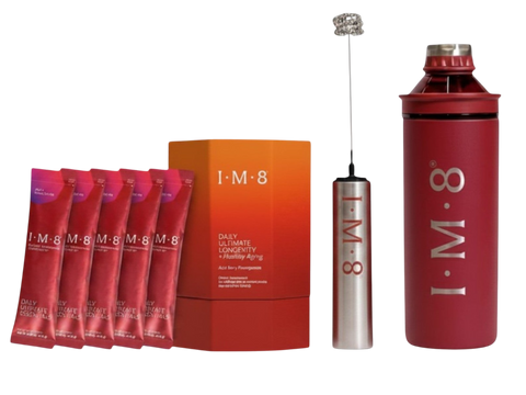 I-M-8 Daily Ultimate Strength and Health Amino powder kit, featuring five red single-serve packets, an orange-to-red gradient box, a silver pump bottle, and a red shaker bottle with silver branding, all on a white background.