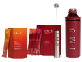 A 1-M-8 Daily Ultimate Vitality drink mix kit on a white background, featuring a large red shaker bottle, a red carton, several orange-to-red gradient sachets, and a silver frother.