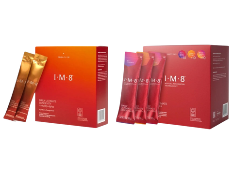 Two red and orange I-M-8 Smart Ultimate Longevity vitality bags shown with their individual foil packets on a plain white background.