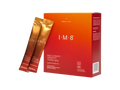 A box of I-M-8 Daily Ultimate Longevity + Healthy Aging powder alongside two individual sachets, shown on a plain white background.