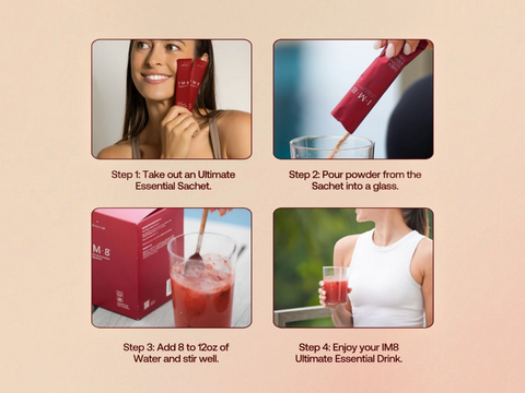 A four-step instructional graphic showing how to use an Ultimate Essential Sachet drink mix. The steps include taking out a red sachet, pouring the powder into a glass, adding water and stirring, and enjoying the drink.
