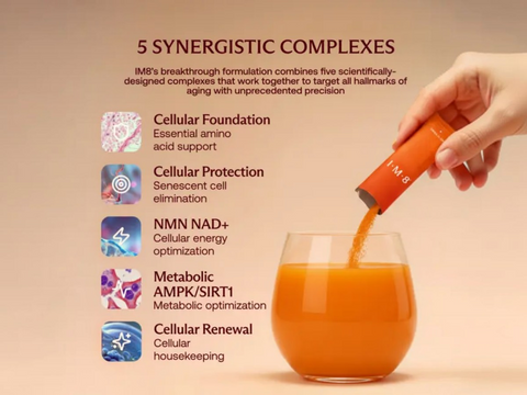 A hand pours an orange liquid from an IMF8 tube into a glass of orange juice against a warm beige background. The left side features text and icons detailing the five synergistic complexes of IMF8.