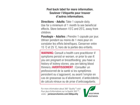 Supplement facts panel for Jamieson Cranberry 500mg and D-Mannose.
