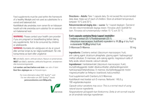 Supplement facts panel for Jamieson Cranberry 500mg and D-Mannose.