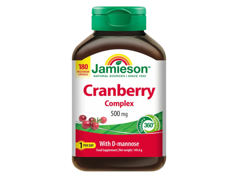 Jamieson Cranberry Complex with D-Mannose bottle, 180 vegan capsules.