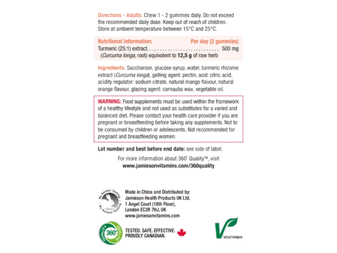 Label of Jamieson Turmeric Gummies showing supplement facts and ingredients.