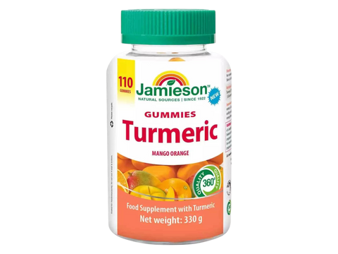 Jar of Jamieson Turmeric Mango Orange Gummies, 110 count, on white background.
