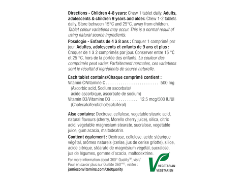 Supplement facts panel for Jamieson chewable Vitamin C and D3.