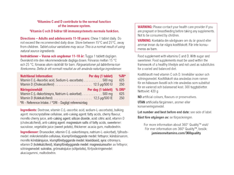 Supplement facts panel for Jamieson chewable Vitamin C and D3.