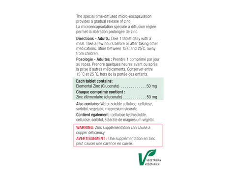 Supplement facts label for Jamieson Zinc Timed-Release tablets.