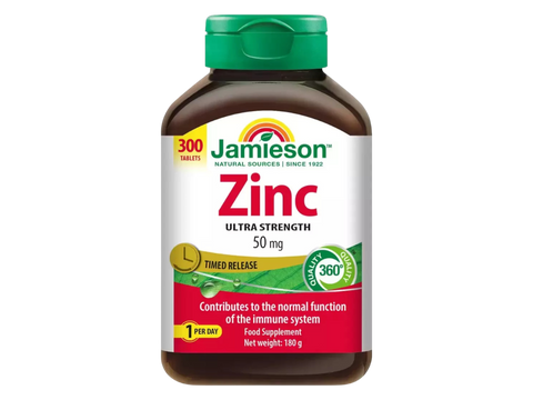 Jamieson Zinc 50mg bottle, 300 count, white background.