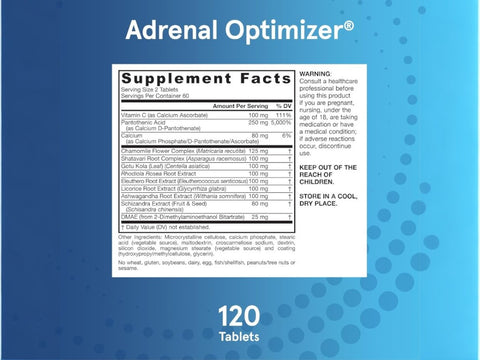 Jarrow Formulas Adrenal Optimizer Healthy Stress Response Adaptogenic Supplement – 120 Tablets Supplement Facts panel