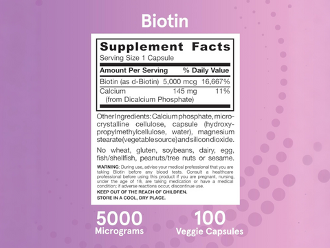 Supplement facts and directions for Jarrow Biotin.