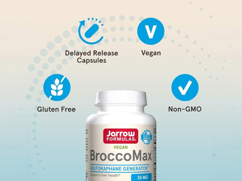 Jarrow Formulas BroccoMax 35 mg Broccoli Seed Extract Supplement – 60–120 Delayed Release Veggie Capsules bottle angled view