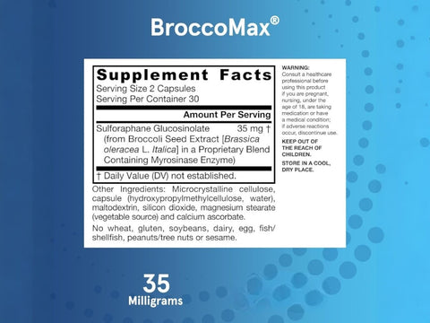 Jarrow Formulas BroccoMax 35 mg Broccoli Seed Extract Supplement – 60–120 Delayed Release Veggie Capsules Supplement Facts panel