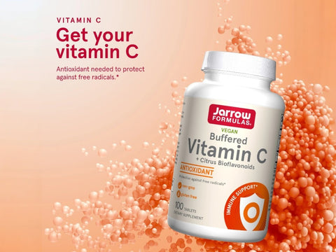 Jarrow Formulas Buffered Vitamin C Immune Support Supplement – 100 Tablets benefits infographic for immune and antioxidant support