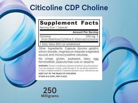 Jarrow Formulas Citicoline CDP Choline 250 mg Brain Health Supplement – 60–120 Capsules Supplement Facts panel