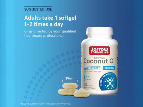 Jarrow Formulas Coconut Oil Extra Virgin 1000 mg Supplement – 120 Softgels How to Use directions label