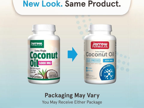 Jarrow Formulas Coconut Oil Extra Virgin 1000 mg Supplement – 120 Softgels bottle front view- Packaging May Vary