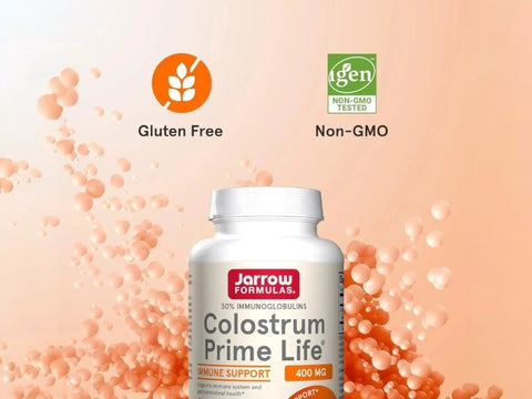 Jarrow Formulas Colostrum Prime Life 400 mg Immune and Gut Health Supplement – 120 Veggie Capsules bottle angled view
