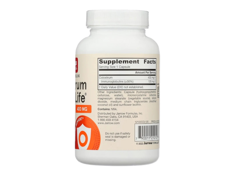 Jarrow Formulas Colostrum Prime Life 400 mg Immune and Gut Health Supplement – 120 Veggie Capsules ingredients and product information label