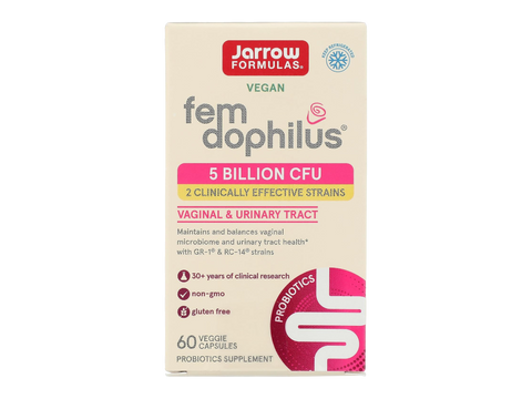 Jarrow Formulas Fem-Dophilus 5 Billion CFU Vaginal and Urinary Tract Probiotic Supplement – 30 Veggie Capsules box front view