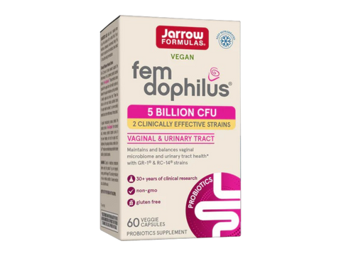 Jarrow Formulas Fem-Dophilus 5 Billion CFU Vaginal and Urinary Tract Probiotic Supplement – 30 Veggie Capsules box front view