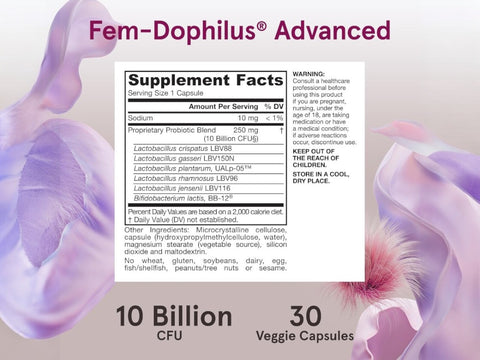 Jarrow Formulas Fem-Dophilus Advanced 10 Billion CFU Women’s Probiotic Supplement – 30 Veggie Capsules Supplement Facts panel with probiotic strains