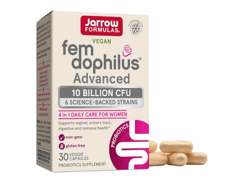 Jarrow Formulas Fem-Dophilus Advanced 10 Billion CFU Women’s Probiotic Supplement – 30 Veggie Capsules box with capsules front view