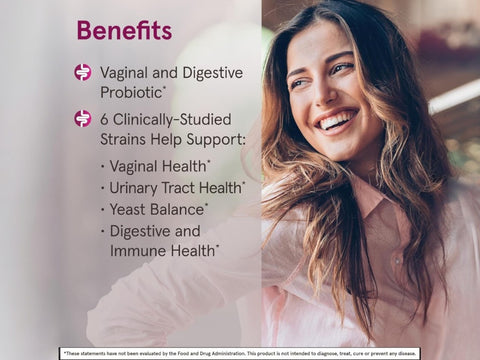 Jarrow Formulas Fem-Dophilus Advanced 10 Billion CFU Women’s Probiotic Supplement – 30 Veggie Capsules benefits infographic for vaginal, urinary, digestive and immune health