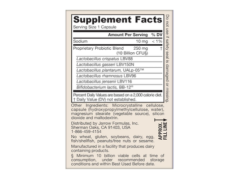 Jarrow Formulas Fem-Dophilus Advanced 10 Billion CFU Women’s Probiotic Supplement – 30 Veggie Capsules Supplement Facts and ingredients label