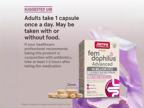 Jarrow Formulas Fem-Dophilus Advanced 10 Billion CFU Women’s Probiotic Supplement – 30 Veggie Capsules suggested use directions infographic