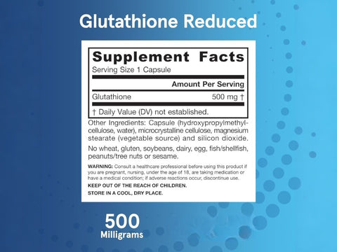 Jarrow Formulas Glutathione Reduced 500 mg Antioxidant Supplement – 60–150 Veggie Capsules Supplement Facts panel