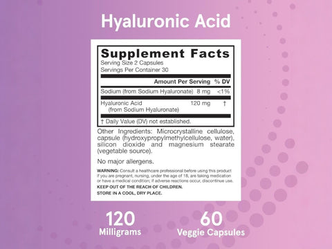 Jarrow Formulas Hyaluronic Acid 120 mg Joint and Skin Support Supplement – 60–120 Veggie Capsules Supplement Facts panel