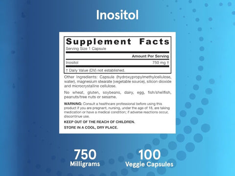 Jarrow Formulas Inositol 750 mg Supplement – 100 Veggie Capsules Supplement Facts panel