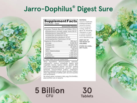 Jarrow Formulas Jarro-Dophilus Digest Sure 5 Billion CFU Probiotic and Enzyme Supplement – 30 Tablets Supplement Facts panel