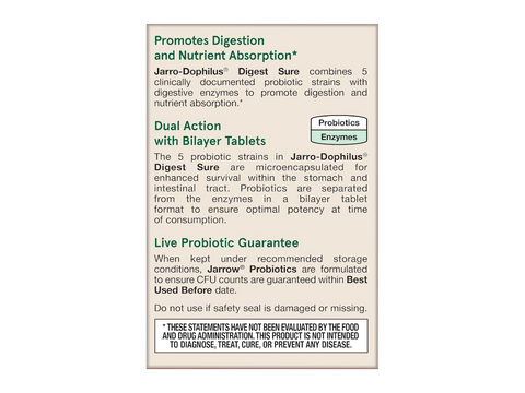 Jarrow Formulas Jarro-Dophilus Digest Sure 5 Billion CFU Probiotic and Enzyme Supplement – 30 Tablets bilayer tablet technology infographic