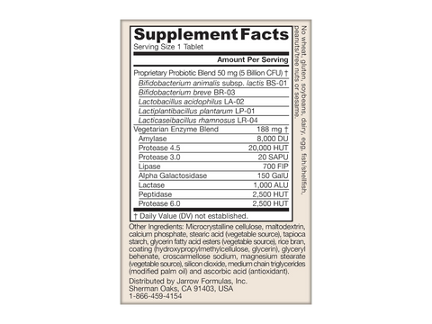 Jarrow Formulas Jarro-Dophilus Digest Sure 5 Billion CFU Probiotic and Enzyme Supplement – 30 Tablets Supplement Facts panel