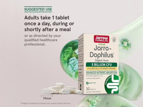 Jarrow Formulas Jarro-Dophilus Digest Sure 5 Billion CFU Probiotic and Enzyme Supplement – 30 Tablets How to Use directions label