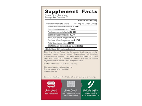 Jarrow Formulas Jarro-Dophilus EPS Multi-Strain Probiotic Supplement – 60 EnteroGuard Veggie Capsules Supplement Facts panel