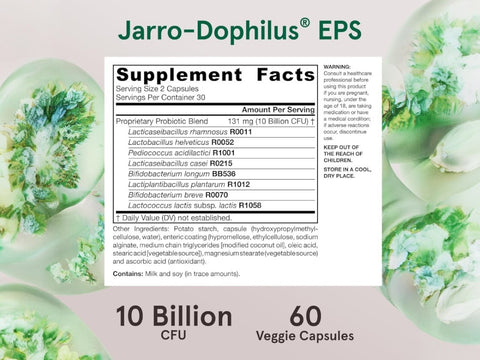 Jarrow Formulas Jarro-Dophilus EPS Multi-Strain Probiotic Supplement – 60 EnteroGuard Veggie Capsules Supplement Facts panel