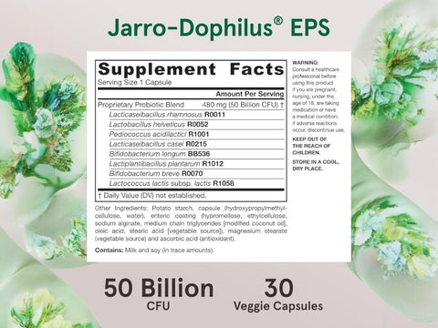 Jarrow Formulas Jarro-Dophilus EPS 50 Billion CFU Probiotic Supplement – 60 Delayed Release Veggie Capsules Supplement Facts panel