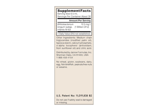 Jarrow Formulas Jarro-Dophilus Infant 1 Billion CFU Probiotic Supplement – 15 ml Supplement Facts panel
