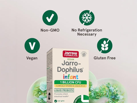 Jarrow Formulas Jarro-Dophilus Infant 1 Billion CFU Probiotic Supplement – 15 ml bottle and dropper angled view