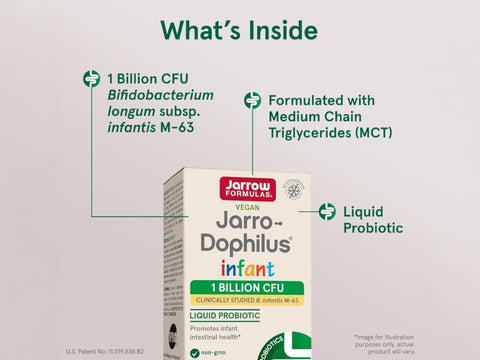 Jarrow Formulas Jarro-Dophilus Infant 1 Billion CFU Probiotic Supplement – 15 ml benefits infographic for infant digestive and gut health