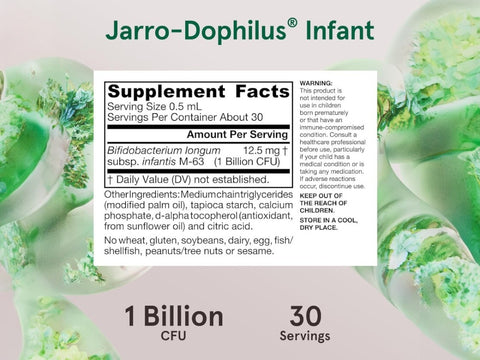 Jarrow Formulas Jarro-Dophilus Infant 1 Billion CFU Probiotic Supplement – 15 ml Supplement Facts panel