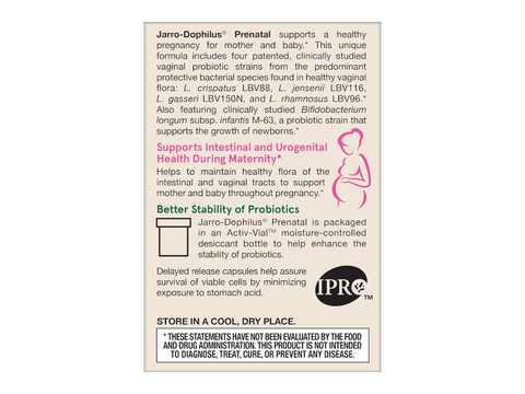 Jarrow Formulas Jarro-Dophilus Prenatal Maternity Probiotics 6 Billion CFU – 30 Veggie Capsules benefits infographic for pregnancy and maternal microbiome support